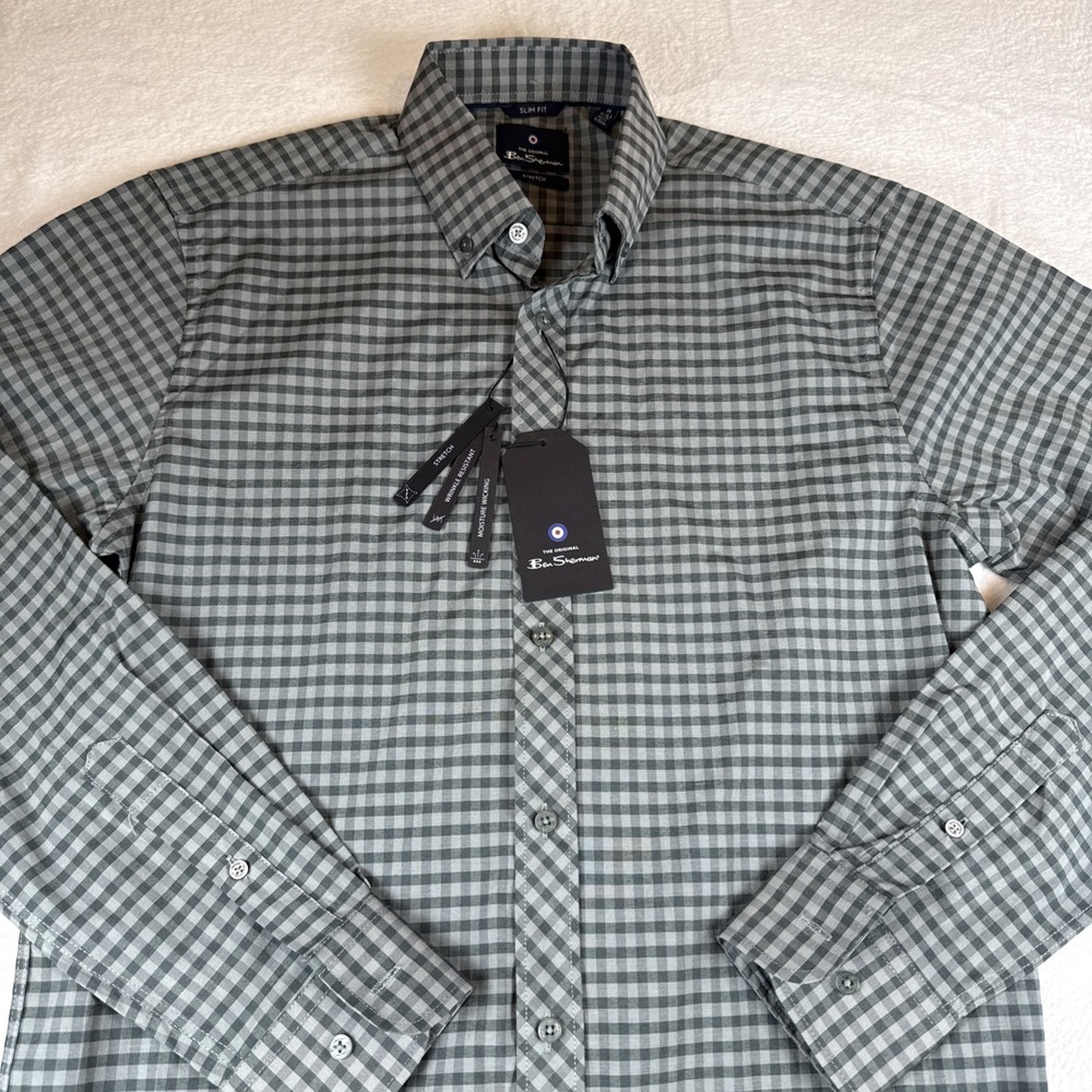 NWT Ben Sherman Slim Fit Stretch Plaid Long Sleeve Shirt Green Grey Plaid M
